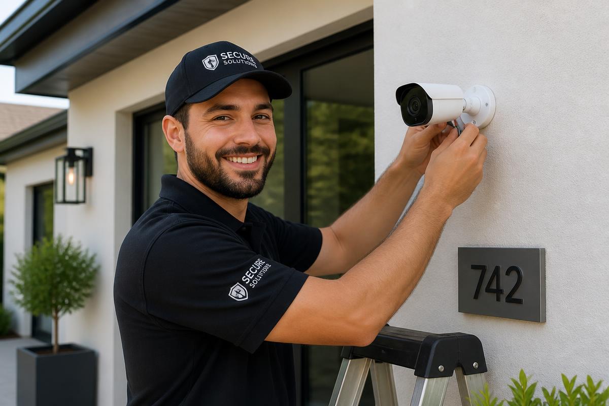 A friendly technician installing a security camera on a modern home exterior